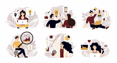 Business concept vector illustration, little people are launching a mechanism to achieve ideas. Successful business startup. People boosting, idea start and accelerating innovation development.