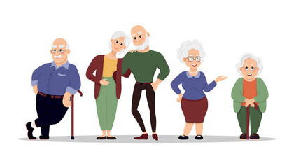 Elderly people and social workers. Grandparents and nurses on a white background. Old age. Flat style vector illustration isolated on white background