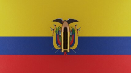 Top down view of a 9mm bullet in the center and on top of the flag of Ecuador - obrazy, fototapety, plakaty