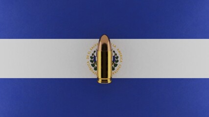 Top down view of a 9mm bullet in the center and on top of the flag of El Salvador