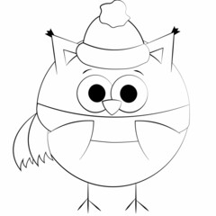 Cute cartoon Owl in hat and scarf. Draw illustration in black and white