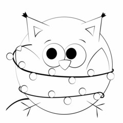 Cute cartoon Owl with garland. Draw illustration in black and white