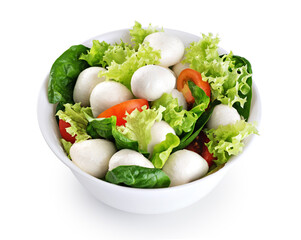 Salad with mozzarella cheese and fresh vegetables isolated on white background. With clipping path.