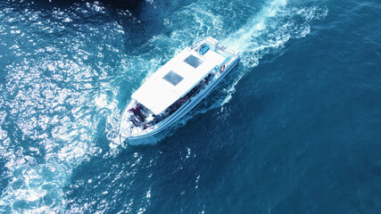 Tenerife. Yachts at the sea surface. Aerial view of luxury floating boat on blue Atlantic. Ocean at sunny day. Travel - image
