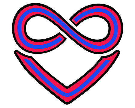 Polyamory symbol, tricolor heart with infinity sign - vector full color illustration. Black red blue The sign of polyamory, polygamy is the sign of infinity in the heart.