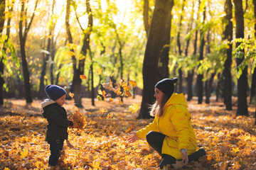 boy in autumn leaves playing with mom