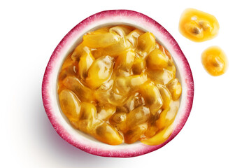 Half purple passion fruit with mixed pulp and drops isolated on white background.