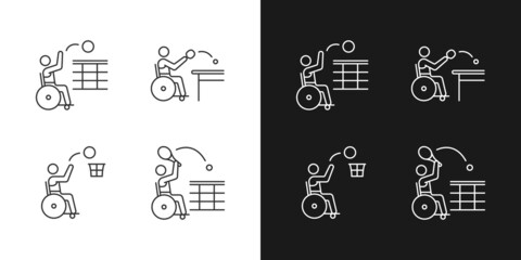 Adaptive wheelchair sports linear icons set for dark and light mode. Competitive events. Disabled athlete. Customizable thin line symbols. Isolated vector outline illustrations. Editable stroke