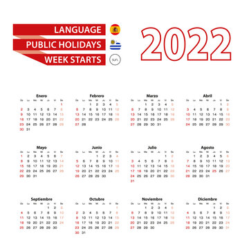 Calendar 2022 in Spanish language with public holidays the country of Uruguay in year 2022.