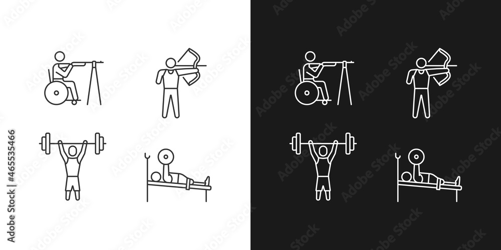 Poster single adaptive contests linear icons set for dark and light mode. athletic events. sportsman with d