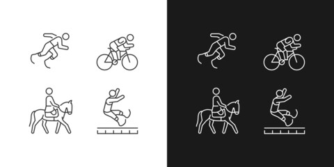 Adaptive sports linear icons set for dark and light mode. Equestrian and athletic sports. Prosthetic sportsman. Customizable thin line symbols. Isolated vector outline illustrations. Editable stroke
