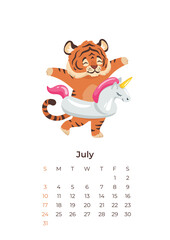 cartoon tiger July 2022 calendar A4 format template.