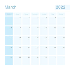 2022 March wall planner in blue color, week starts on Sunday.
