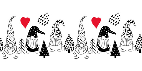 Seamless horizontal pattern with cute hand drawn gnomes and Christmas trees. A Scandinavian style vector background of doodle elements