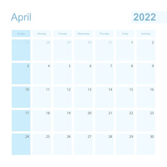 2022 April wall planner in blue color, week starts on Sunday.