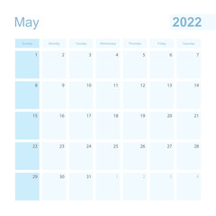 2022 May wall planner in blue color, week starts on Sunday.