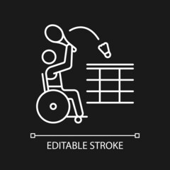 Wheelchair badminton white linear icon for dark theme. Sport competition. Sportsman with disability. Thin line customizable illustration. Isolated vector contour symbol for night mode. Editable stroke