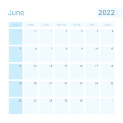 2022 June wall planner in blue color, week starts on Sunday.