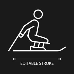 Alpine skiing white linear icon for dark theme. Winter season extreme sport. Disabled sportsman. Thin line customizable illustration. Isolated vector contour symbol for night mode. Editable stroke
