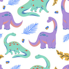 Childish seamless pattern with funny dinosaurs in cartoon. Ideal for cards, invitations, party, banners, kindergarten, baby shower, preschool and children room decoration. Scandinavian style.