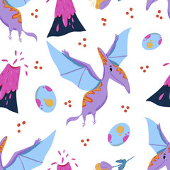 Childish seamless pattern with funny dinosaurs in cartoon. Ideal for cards, invitations, party, banners, kindergarten, baby shower, preschool and children room decoration. Scandinavian style.