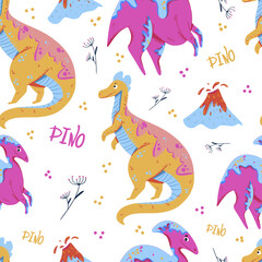 Childish seamless pattern with funny dinosaurs in cartoon. Ideal for cards, invitations, party, banners, kindergarten, baby shower, preschool and children room decoration. Scandinavian style.