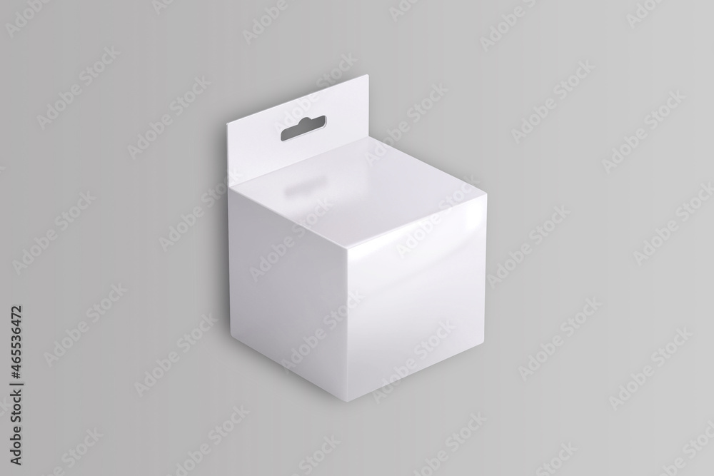 Poster empty blank white packaging box with hang tab isolated on grey background. white product package box