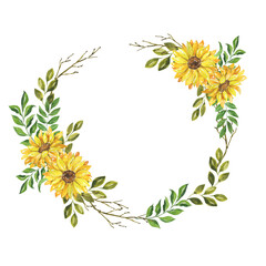Yellow sunflowers and autumn green leaves round frame. Hand drawn watercolor illustration. - 465536415