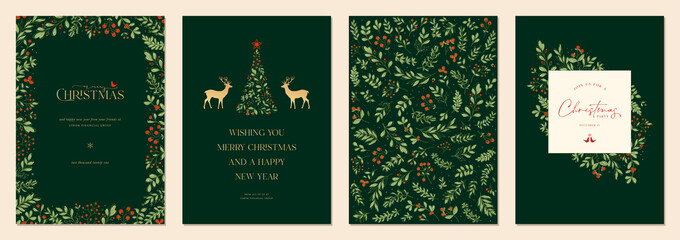 Merry and Bright Corporate Holiday cards. Modern abstract creative universal artistic templates with Christmas Tree, reindeers, birds, floral frames and backgrounds. - 465536446