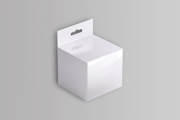 Empty blank white packaging box with hang tab isolated on grey background. White Product Package Box With Hang Slot. 3d rendering.