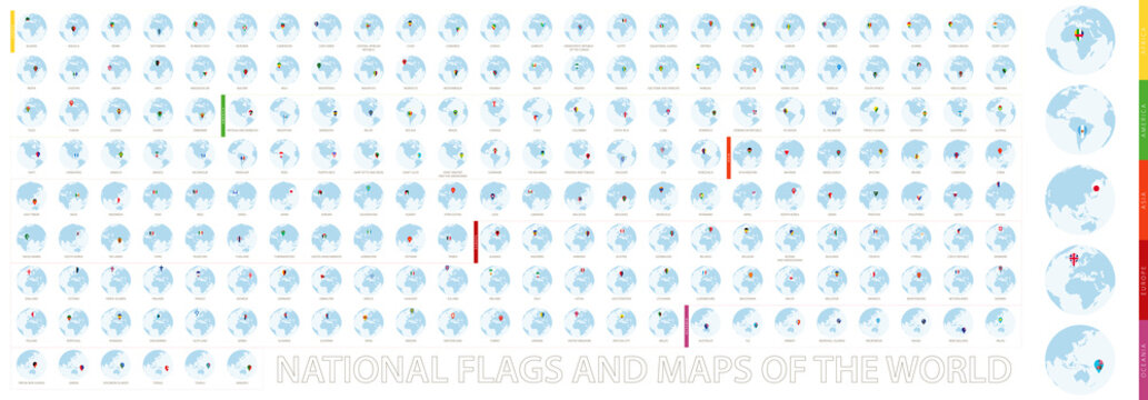 World Globe icon with flag, national flags with globe sorted alphabetically and by continent.
