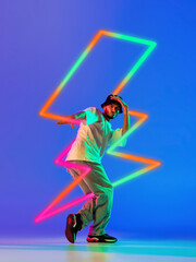 Creative artwork of prfessional male hip-hop dancer in motion over neon lightning element isolated...