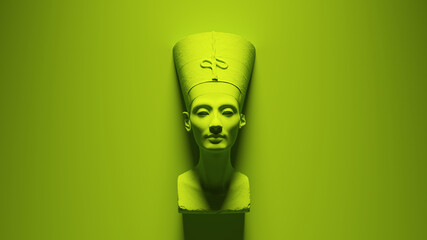 Green Bust of Nefertiti Egyptian Queen Goddess with Bright Vibrant Vivid Green Background 3d illustration render	 - obrazy, fototapety, plakaty