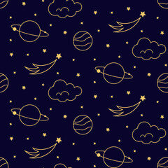 Celestial planet astrological golden seamless pattern on dark background