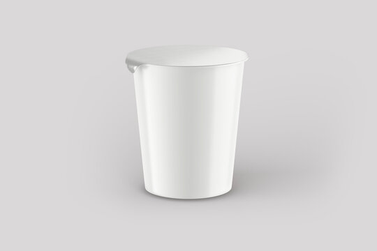 Empty Blank White Open Noodles Cup Mock Up Isolated On Gray Background. Ramen Instant Noodle Cup . Food Cup Packaging For Dairy , Instant Ramen Noodle Or Desert With Clipping Path. 3d Rendering.