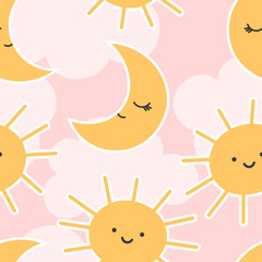 Sun and Moon Cute Seamless Pattern, Cartoon Vector Illustration, Cartoon Background