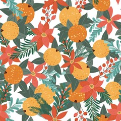 Flowers, leaves, berries, fir branches and oranges. New Years design of fabric, packaging, gift paper. Seamless pattern.