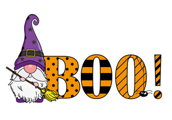 Halloween card. Cute gnome with the word boo. Isolated vector