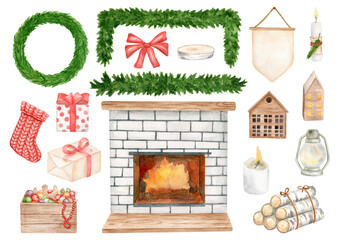 Watercolor Christmas elements set. Winter home scene creator. Hand drawn fireplace, gift boxes, stocking, candle, firewood isolated on white background. Vintage new year decor clipart.