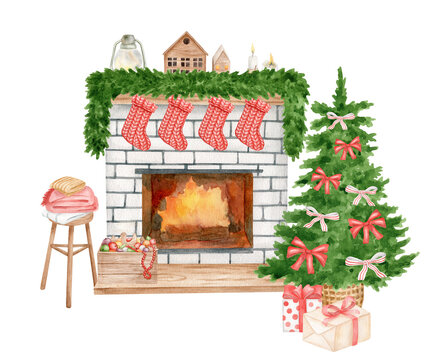 Watercolor Christmas scene with decorated fireplace and christmas tree. Hand painted white brick stone burning fire place, hanging stockings, fir tree with gifts isolated on white background.