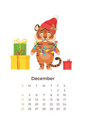 cartoon tiger December 2022 calendar A4 vertical template.