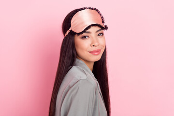 Profile side view portrait of attractive cheery girl wearing modern silky accessory isolated over pink pastel color background