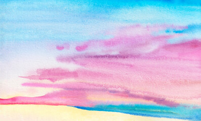 Fototapeta na wymiar Watercolor hand drawn cloudy sky illustration background