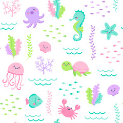 Cute sea life cartoon illustration seamless pattern background.