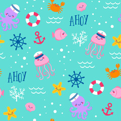 Cute sea life and nautical elements seamless pattern background.