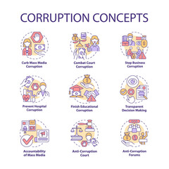 Corruption concept icons set. Corrupted government idea thin line color illustrations. Bribery in government. Embezzlement of budget money. Vector isolated outline drawings. Editable stroke