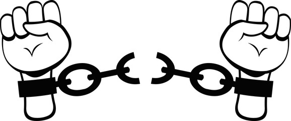 Vector illustration of a hands breaking chains drawn in black and white