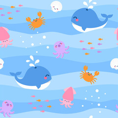 Fototapeta na wymiar Cute sea life cartoon illustration seamless pattern with wave background.