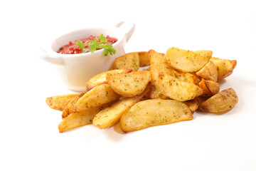 fried potato and tomato sauce on white background