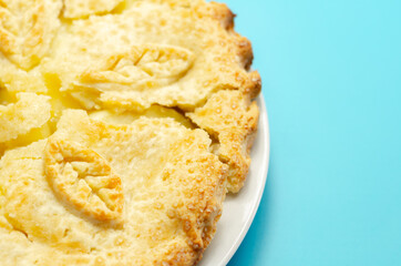 Traditional apple pie, Bramley apple filling in shortcrust pastry, topped with demerara sugar glaze